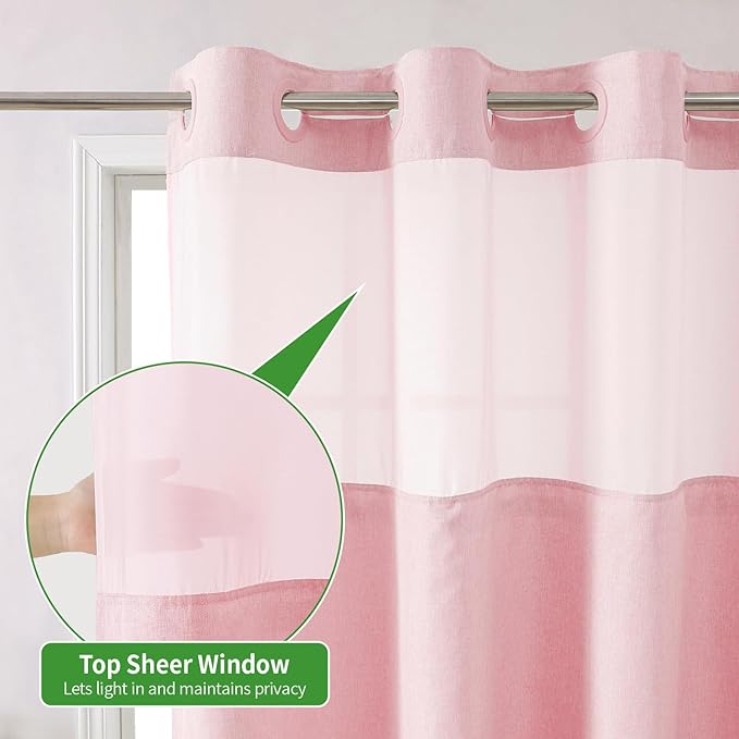 Long No Hooks Needed Linen Textured Shower Curtain with Snap-in Fabric Liner Set,Hotel Luxury Decor Shower Curtains for Bathroom,Waterproof & Washable,71Wx80H,Pink