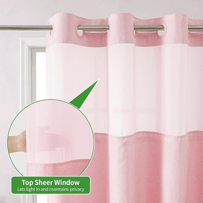 Long No Hooks Needed Linen Textured Shower Curtain with Snap-in Fabric Liner Set,Hotel Luxury Decor Shower Curtains for Bathroom,Waterproof & Washable,71Wx80H,Pink