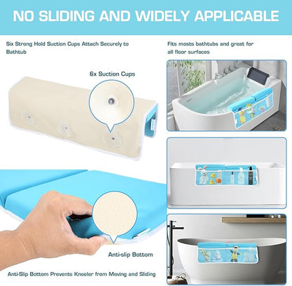 Bath Kneeler and Elbow Rest Pad, Thick Quick Dry Kneeling Mat, Large Bathtub Pad with Toy Organizer for Baby Bathing (Blue)