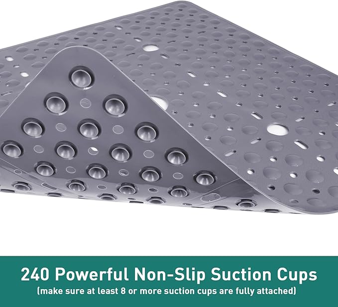 Large Gray Square Shower Mat Non Slip 27 x 27 Inch, Soft Bath Mat Bathtub Mat for Inside Shower Floor, Anti Slip Shower Stall Mats with Big Suction Cups Drain Holes, Easy Washable, BPA-Free