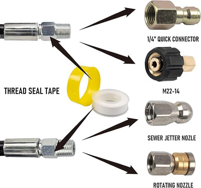 Hourleey Sewer Jetter Kit for Pressure Washer 200FT, Drain Cleaner Hose 1/4 Inch NPT, Orifice 4.0 Button Nose and Rotating Sewer Jetting Nozzle Spanner Tape Pearl Corsage Pin, 4000 PSI