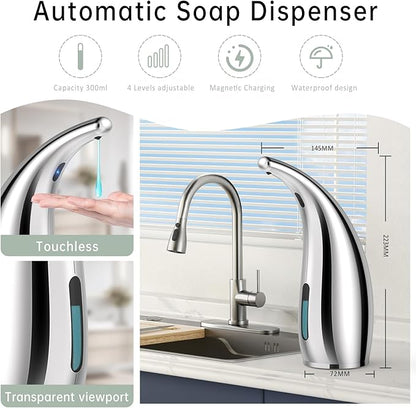 Automatic Soap Dispenser Touchless,300ML Hand & Dish Countertop Electric Liquid Rechargeable Dispenser with Sensor,Modern 4 Gear Adjustable Waterproof Kitchen Auto Soap Pump（Silver）