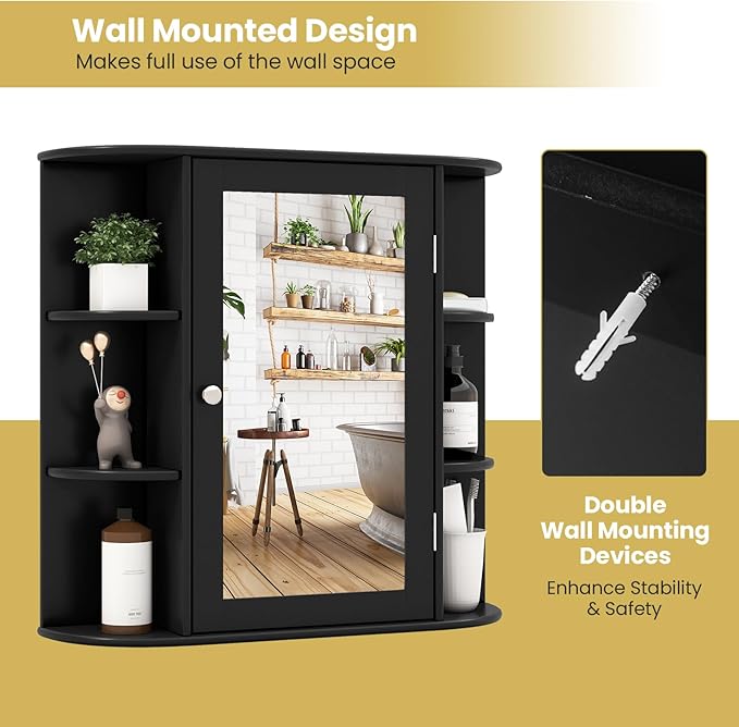 RELAX4LIFE Bathroom Wall Cabinet with Mirror - Medicine Cabinet w/Door, 6 Open Shelves & Adjustable Shelves, Over The Toilet Storage Cabinet Organizer, Mirrored Bathroom Cabinet Wall Mount (Black)