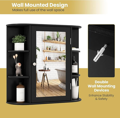 RELAX4LIFE Bathroom Wall Cabinet with Mirror - Medicine Cabinet w/Door, 6 Open Shelves & Adjustable Shelves, Over The Toilet Storage Cabinet Organizer, Mirrored Bathroom Cabinet Wall Mount (Black)