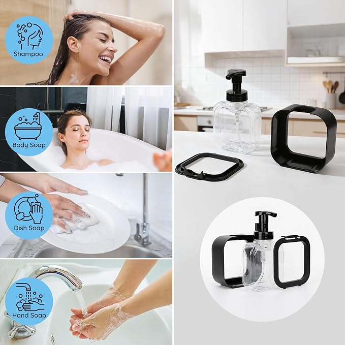 Segbeauty 10.1oz Black Foaming Soap Dispenser, 300ml Square Foam Bottle Dispenser for Bathroom, Plastic Refillable Dish Soap Dispenser for Kitchen, Shower Shampoo Hand Wash Foamer Bottle with Labels