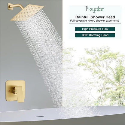 Heyalan 8 Inch Shower Head and Handle Set Square Shower Faucet Set Bathroom Rainfall Shower System Stainless Steel Showerhead Single Function Shower Trim Kit,Female Thread Valve,Brushed Gold
