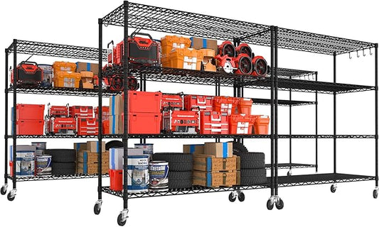 PrimeZone 5 Packs 55.5" W x 24" D x 80" H Heavy Duty Wire Storage Shelves with Wheels, 4 Tier Adjustable NSF Certified Garage Shelving Unit, Rolling Metal Organizer Shelf Rack for Warehouse, Pantry