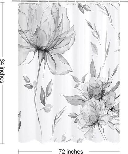 Extra Long Boho Watercolor Floral Shower Curtain 72 x 84, Grey Ink Painting Style Flower Shower Curtains for Chic Elegant Bathroom, Artistic XL Fabric Cloth Shower Curtain