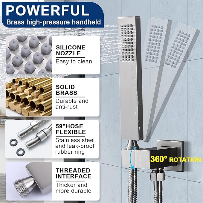 Thermostatic Shower System with 14x20 Inch Ceiling Mount LED Head & 6 Inch Wall Head and Handheld Shower 4 Function Vale with body jets Can All Run Together,Brushed Nickel