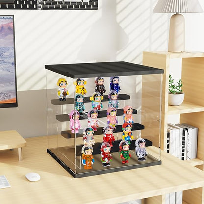 Choowin 5 Tier Clear Acrylic Lighted Display Case for Collectibles, Mini Figures, Pop Mart, Labubu, Sonny Angel, Smiski - Assemble Dustproof Display Box with Door, Stand (Black Top Base, Clear Step)