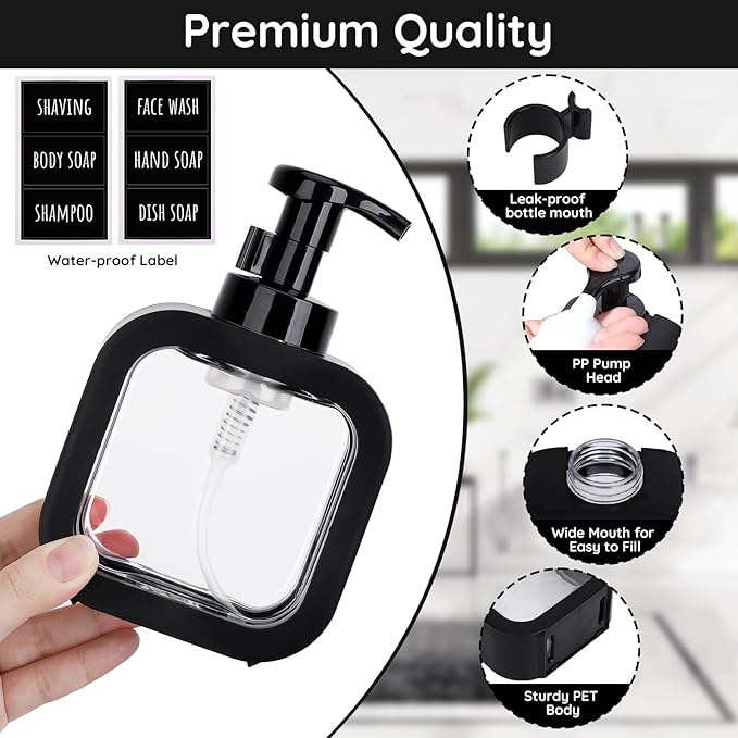 Segbeauty 10.1oz Black Foaming Soap Dispenser for Bathroom, 3pcs 300ml Empty Square Refillable Dish Soap Dispenser for Kitchen Sink Cleaning, Plastic Shampoo Shower Pump Bottles Dispenser with Labels