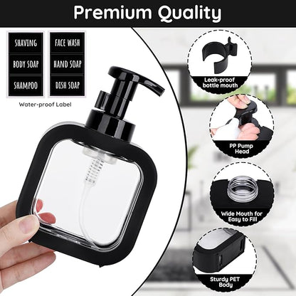 Segbeauty 10.1oz Black Foaming Soap Dispenser, 300ml Square Foam Bottle Dispenser for Bathroom, Plastic Refillable Dish Soap Dispenser for Kitchen, Shower Shampoo Hand Wash Foamer Bottle with Labels