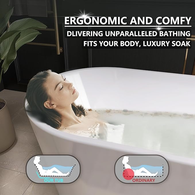 59" Acrylic Freestanding Bathtub, Free Standing Tub, Stand Alone Tub, Soaking Tub with Integrated Overflow and Drain, cUPC Certified, Gloss White