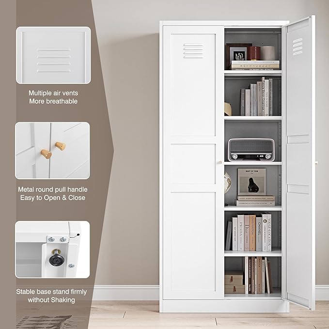 Yizosh Metal Storage Cabinet - 71" White Kitchen Pantry with 2 Doors and 5 Adjustable Shelves, 5-Tier Tall Steel Locker for Living Room, Dining Room