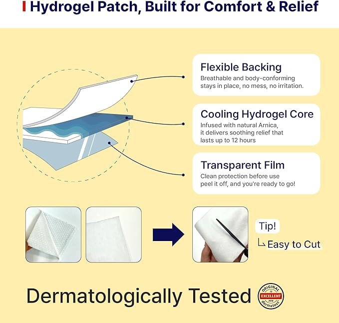 Arnica Hydrogel Pain Relief Patches | Natural Relief for Muscle, Joint, Bruises & Swelling | Flexible, Non-Greasy & Long-Lasting | Great for Back, Knee & Neck Pain (3.9"x4.7", 10, Count)
