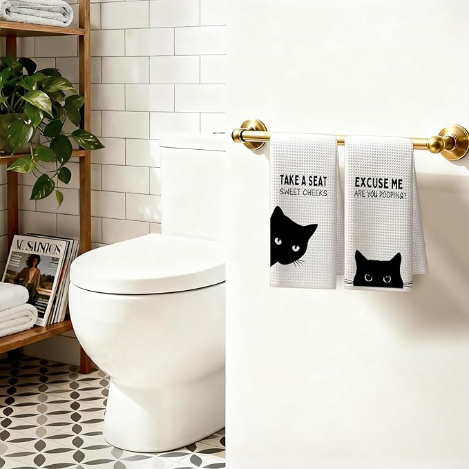 Funny Black Cat Bathroom Hand Towels, Cat Bathroom Decor, Sweet Cheeks Funny Kitten Kitty Decorative Hand Tea Towels for Washroom Restroom, 16x24 Inches Set of 2