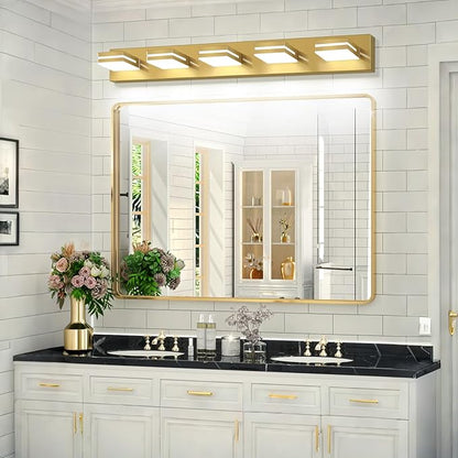 SineRise LED Modern Bathroom Vanity Light Fixtures (5-Light, 40-Inch, Dimmable), Brass Modern Acrylic Bathroom Wall Lighting Fixtures Over Mirror (Cool White 6000K)