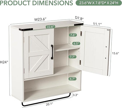 Bathroom Wall Cabinet Over Toilet 24x24 Inch Farmhouse Medicine Cabinet with Towel Bar, 2 Door, Motion Sensor Light & Adjustable Shelves, White Above Toilet Storage for Laundry or Kitchen