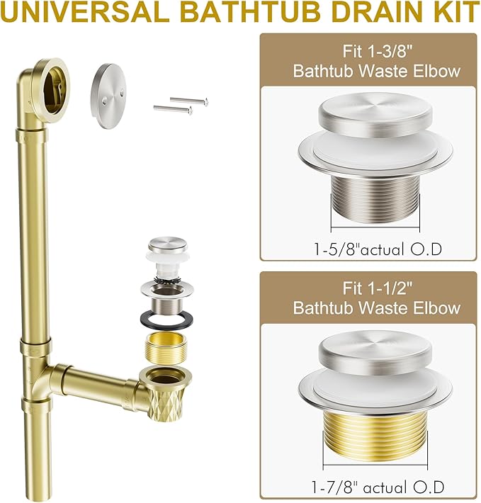 Brushed Nickel Bathtub Drain Stopper and Overflow Kit, Solid Brass Tip-Toe Bath Tub Drain with Hair Catcher - Universal Coarse/Fine Thread, Bathroom Bathtub Plug Replacement, 11.5/16 UNC