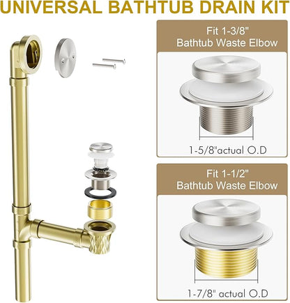 Brushed Nickel Bathtub Drain Stopper and Overflow Kit, Solid Brass Tip-Toe Bath Tub Drain with Hair Catcher - Universal Coarse/Fine Thread, Bathroom Bathtub Plug Replacement, 11.5/16 UNC