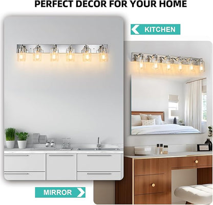 6-Light Bathroom Light Fixtures Modern Chrome Vanity Lights for Bathroom Lighting Fixtures Over Mirror with Clear Glass Shade for Cabinet Mirror Bedroom Hallway