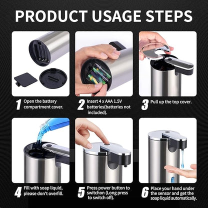 Automatic Soap Dispenser, Automatic Soap Dispenser Touchless, Kitchen & Bathroom, 3 Adjustable Volume for Liquid Soap, Water-Resistant, Hotel, Restaurant and School, Clog-Free, Stainless Steel