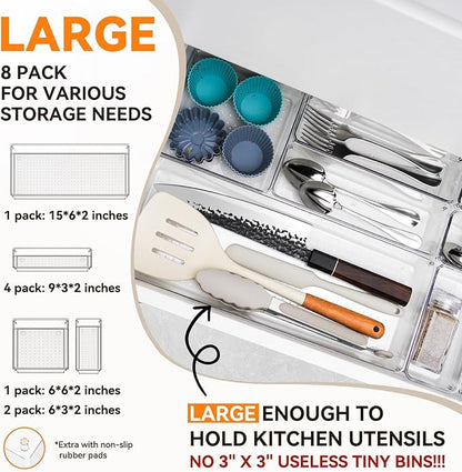 Criusia Utensil Drawer Organizer for Kitchen, 8 Pack Silverware Organizer Utensil Holder, Clear Plastic Drawer Dividers for Flatware, Cutlery, Kitchen Gadgets Accessories, Organizador de Cocina
