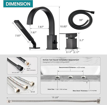 Brass Roman Tub Faucet with Sprayer, Deck Mount Bathtub Faucet with Hand Shower, 3 Hole Waterfall Tub Faucet with 360° Spout, Single Handle Tub Filler with 8 GPM High Flow, Matte Black