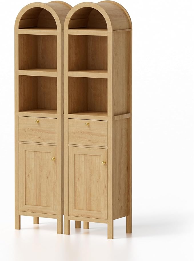 67" Tall Arched Bathroom Narrow Storage Cabinets Set of 2 with Adjustable Shelf, Farmhouse Freestanding Tower Cabinet with Door and Drawer for Kitchen, Living Room, Natural Oak
