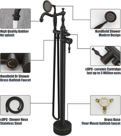 Oil Rubbed Bronze Standing Bathtub Faucet Freestanding Tub Filler High Pressure Single Handle Bathtub Filler Floor Mounted Brass Bathroom Stand Tub Faucets with Handheld Shower