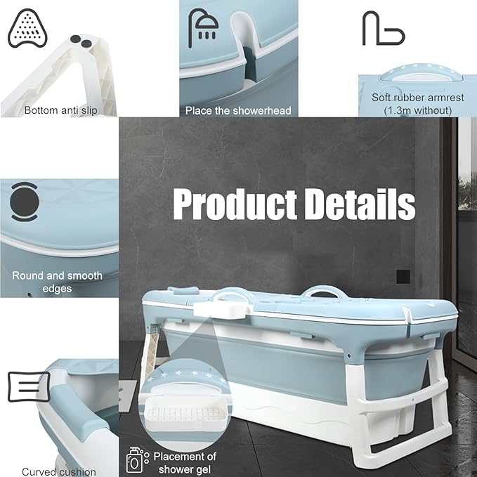 Portable Bathtub for Adult, Large Collapsible Tub, Portable Tub for Adults, Tub for Shower, Sweat Steaming Spa Sweat Steaming Bathtub, Effortless Folding Bathtub, Hot Bath, Ice Bath (58 in)