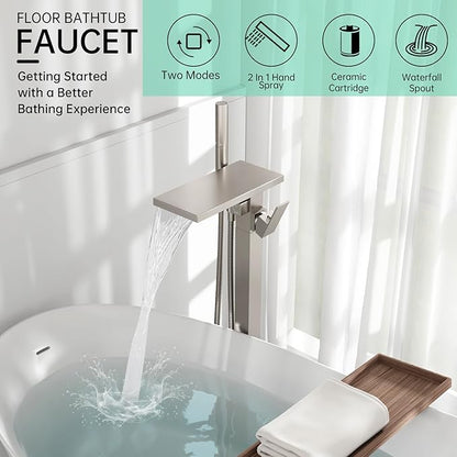 Hoimpro Floor Mount Bathtub Faucet Freestanding Waterfall Tub Filler, Brushed Nickel Single Handle High Flow Shower Faucets Mixer Bathroom Tub Faucets with 2 Function Hand Shower Wand