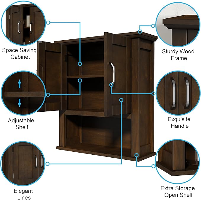 ChooChoo Wood Wall Cabinet with Doors, Medicine Cabinet with Adjustable Shelves Over The Toilet, Rustic Cabinet Wall Mounted for Bathroom, Kitchen, Living Room, Walnut