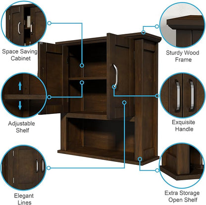 ChooChoo Wood Wall Cabinet with Doors, Medicine Cabinet with Adjustable Shelves Over The Toilet, Rustic Cabinet Wall Mounted for Bathroom, Kitchen, Living Room, Walnut