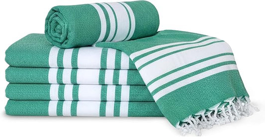 Turkish Cotton Beach Towel Pack of 6 & 1 Boho Tote Bag - Hammam Towels - No Shrink - Quick Dry - Lightweight - Sand Free - Camping - Pool - Tanning - Beach Essentials - Green (40"x70")