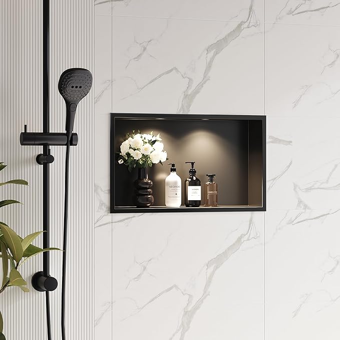 Neodrain 20X12Inch Shower Niche with Non-dimmable LED Downlight, Matte Black Wall Niche Stainless Steel Wall Niche NO Tile Needed Recessed Cubby for Bathroom Storage
