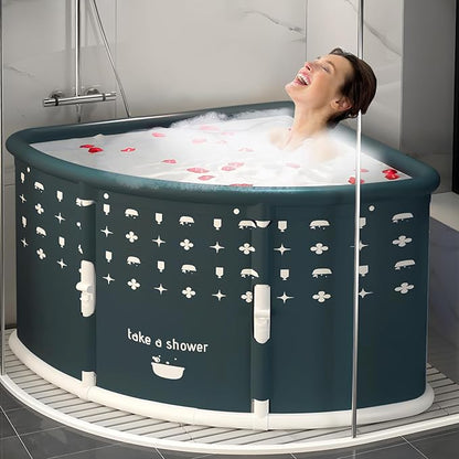 Foldable Bathtub for Adults, Portable Large PVC Collapsible Soaking Tub with Insulated Design, 29 Inch Fan-Shaped Shower Tub for Hot Baths and Cold Dips Recovery Therapy (Green)