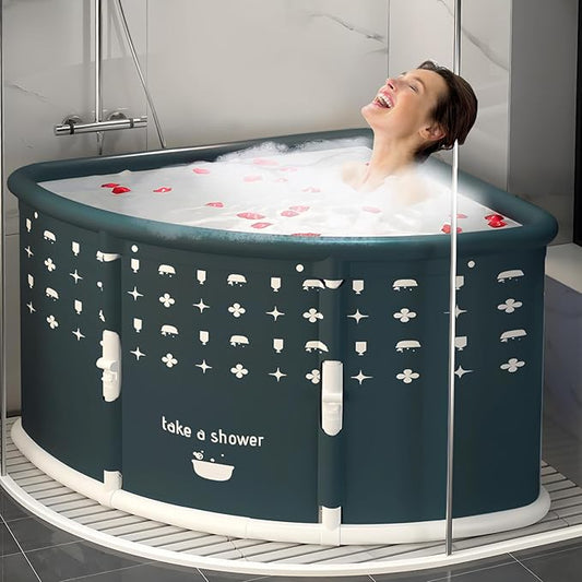 Foldable Bathtub for Adults, Portable Large PVC Collapsible Soaking Tub with Insulated Design, 29 Inch Fan-Shaped Shower Tub for Hot Baths and Cold Dips Recovery Therapy (Green)