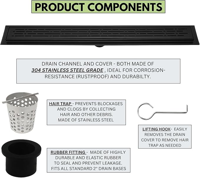 SereneDrains 304 Stainless Steel Linear Shower Drain 36 Inch Matte Black Shower Drain Kit Broken Lane for Tile Floor Long Hair Catcher Strainer Grate Cover Bathroom (Matte Black, 35 Inch)