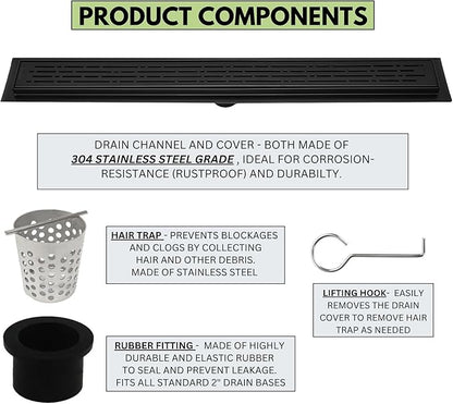304 Stainless Steel Linear Shower Drain 60 Inch Matte Black Shower Drain Kit Broken Lane for Tile Floor Long Hair Catcher Strainer Grate Cover Bathroom (Matte Black, 59 Inch)