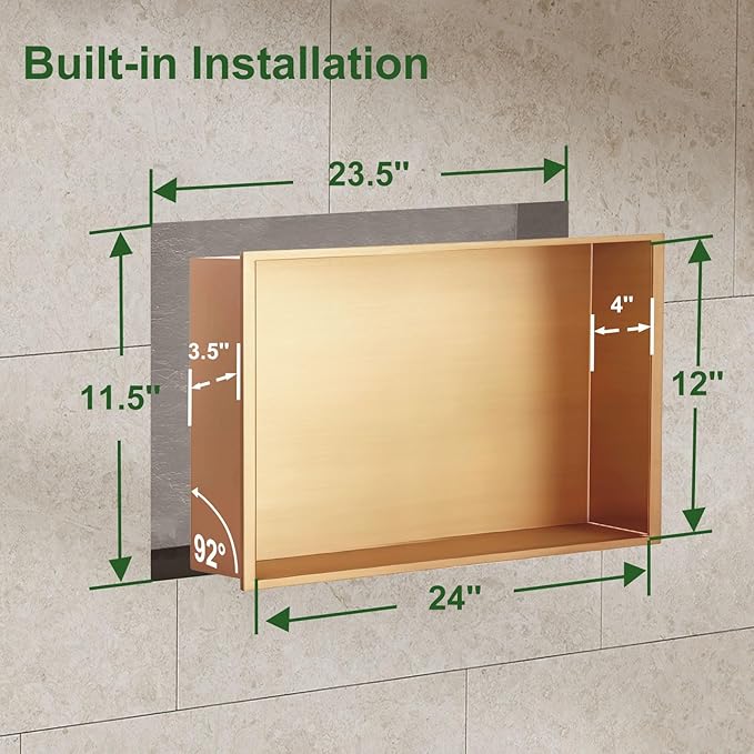 Shower Niche, 12 * 24 Stainless Steel Elegant Bathroom Niche, No Tile Needed Recessed Shower Shelf Organizer for Storage,Gold
