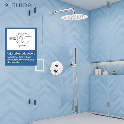 Airuida Shower Fixtures 2 Functions Shower Faucet Set Wall Mounted for Bathroom High Pressure Brass Handheld Shower with Rough-in Valve Round Rainfall 12 Inch Shower Head Chrome Polish