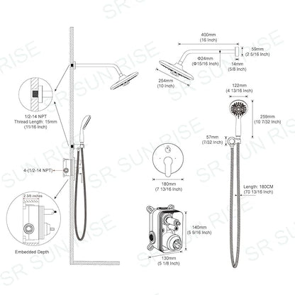 SR SUN RISE Shower Faucet - 10 Inch Multifunctional High Pressure Shower Head System with Handheld Shower Head Fixtures - Valve Included - Matte Black