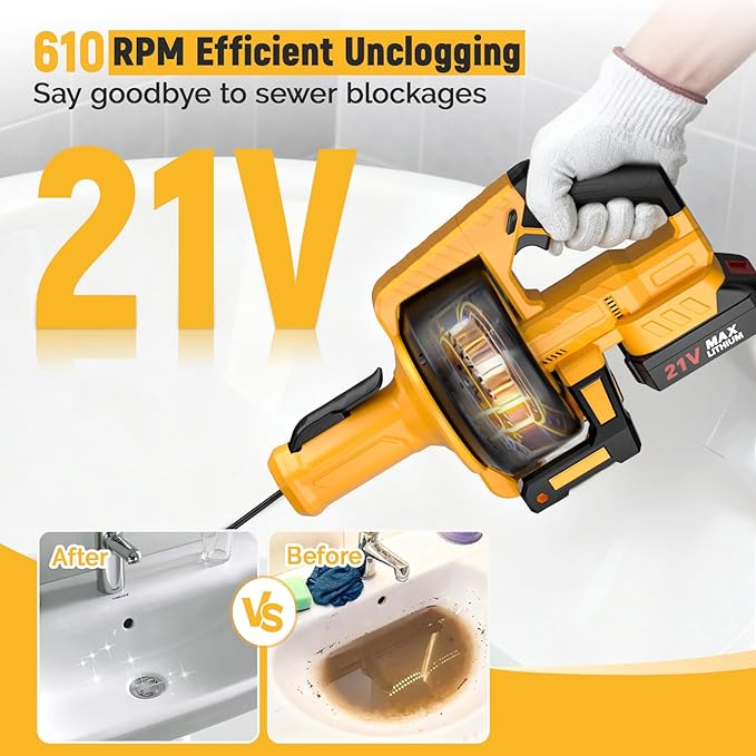 Electric Drain Auger, 21V Cordless Drain Snake, 25Ft Auto-Feed Snake Drain Hair Removal Tool with 2.0Ah Battery, Sink Snake Drain Cleaner for Sewer, Kitchen, Shower 3/4"-2.95" Pipes(Bag&Gloves&Rag）