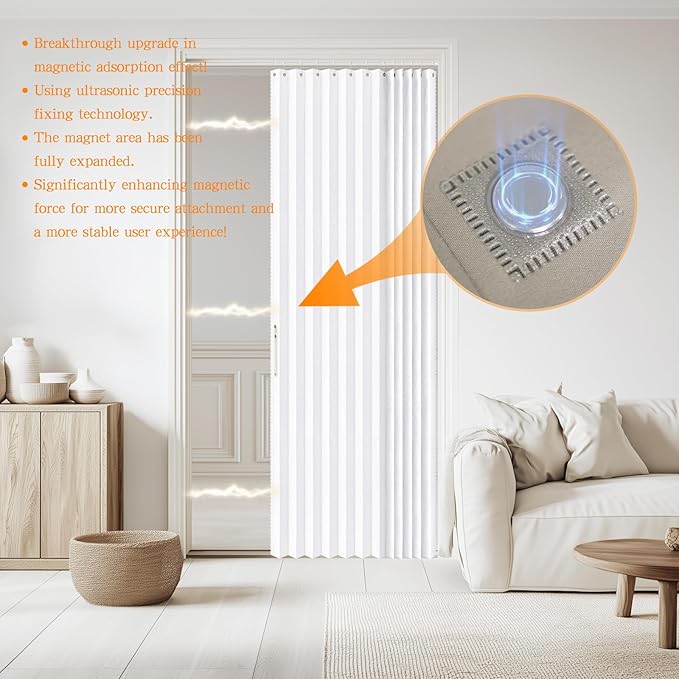 Accordian Door Curtain, 100% Blackout Folding Magnetic Doorway Curtains,Linen Style Closet Doors,for Room Divider,Privacy Protection（W72 x L78,White,1 Panel）
