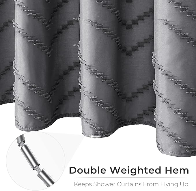 Extra Long Grey Boho Shower Curtain 84 Inch Grey Tufted Chevron Striped Fabric Shower Curtains for Bathroom Modern Shabby Chic Waterproof Cloth Shower Curtain Set with Hooks
