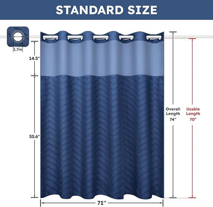 No Hook Shower Curtain and Snap in Liner Set Navy Blue Tufted Chevron Striped Cloth Waterproof Washable Fabric Boho Bath Curtain with See Through Mesh Top Window for Bathroom Hotel 71" x 74"