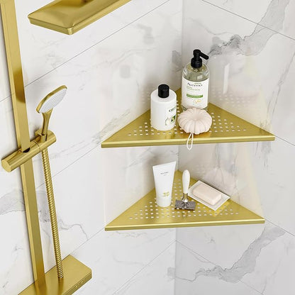 Neodrain 12 Inch Golden Corner Wall Shelf Set of 2, Floating Corner Shelves for Wall, 304 Stainless Steel Wall Storage Shelves for Bathroom,No Drilling