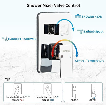12inch Polished Chrome Shower System with Tub Spout, Shower Faucet Set with Rain Shower Head and Handheld 3-Setting, Waterfall Bathtub Spout Rainfall Shower Combo Set for Bathroom Wall Mounted
