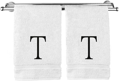 Monogrammed Hand Towel, Personalized Initial Gift, Extra Absorbent 100% Turkish Cotton - Soft Terry Finish - Set of 2 - Black Block Initial T - Embroidered on White Towels